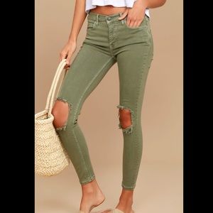 Free people moss green destroyed knee skinny Jeans